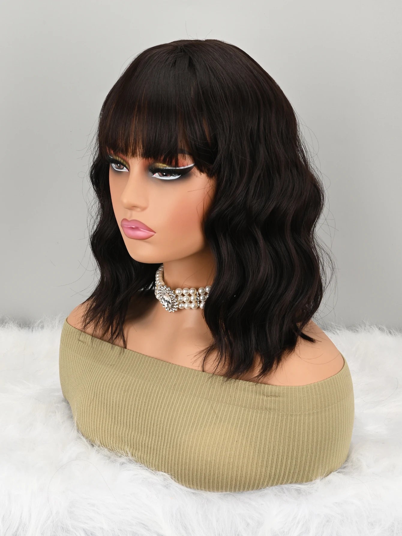 Synthetic Curly Wavy Bob Wig With Bangs For Women Everyday