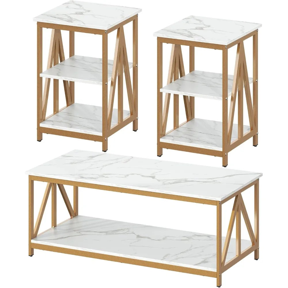 Industrial Style Triangular Coffee Table Set With 2 Side Tables