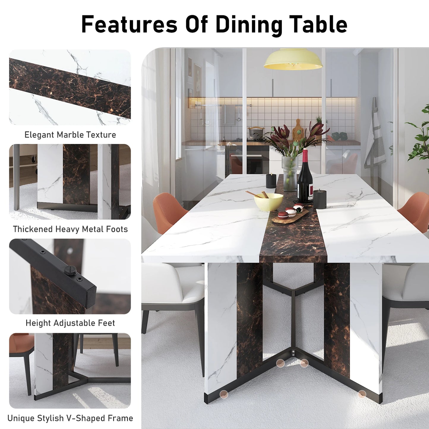QiaoShiRen Modern Rectangular Dining Table Wooden Top Metal Legs