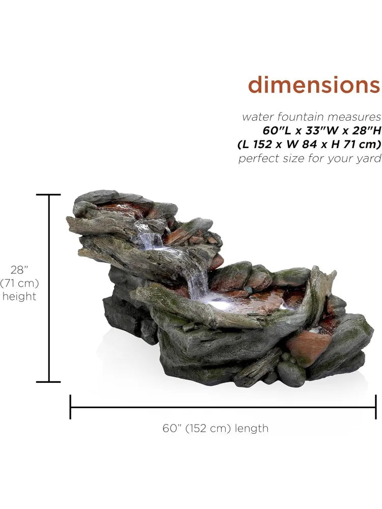 60" Long Outdoor 3-Tier Rainforest Rock River Water Hand-Painted Fountain with LED Lights