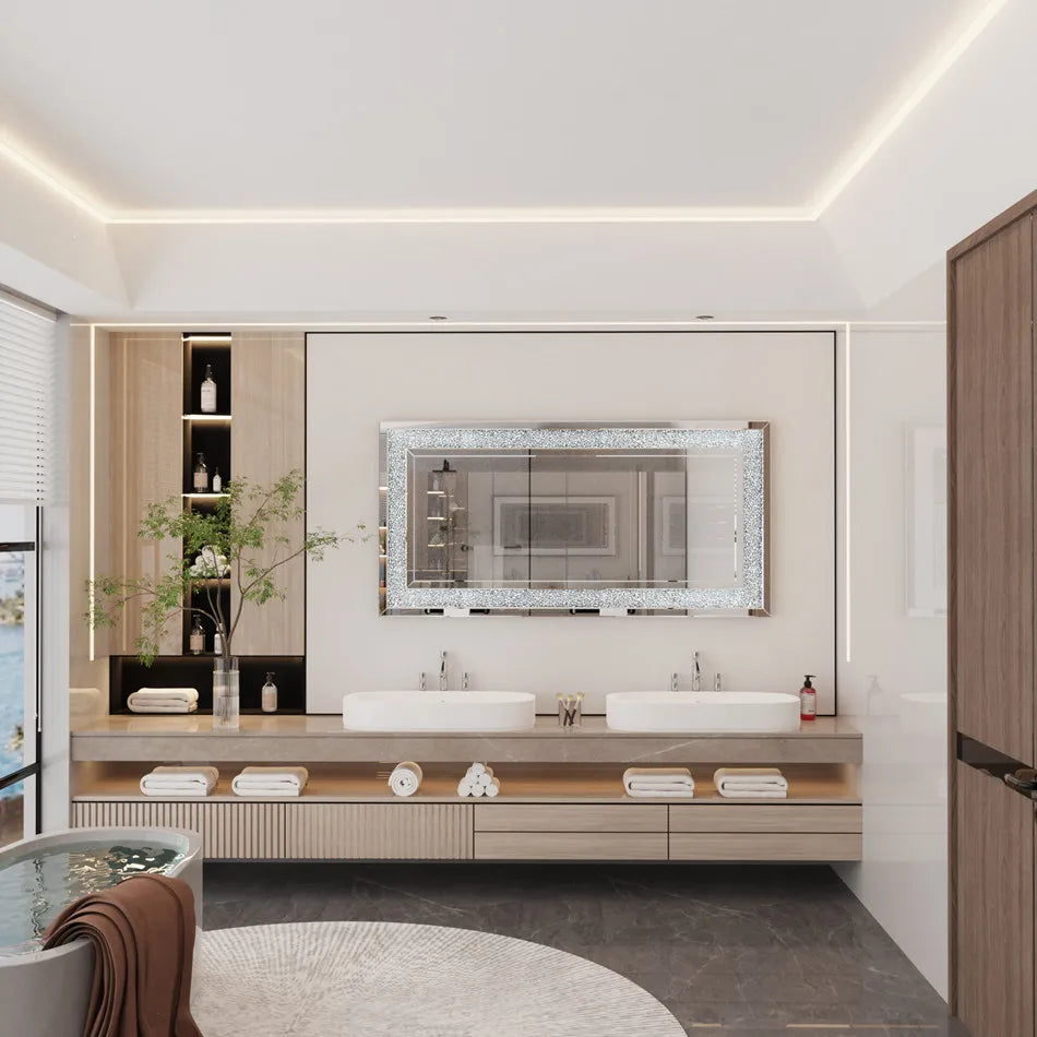 LUVODI Crystal Rhinestone Frameless Vanity Mirror Wall Mounted