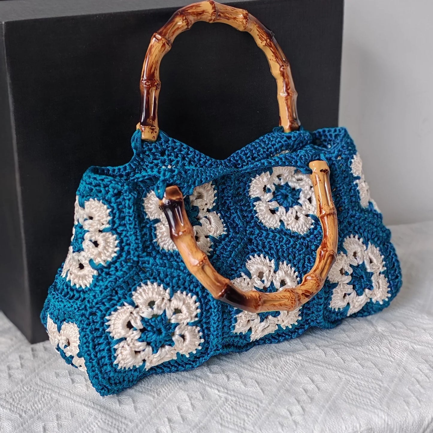 Handmade Crochet Granny Square Tote Bag With Bamboo Handle For Women