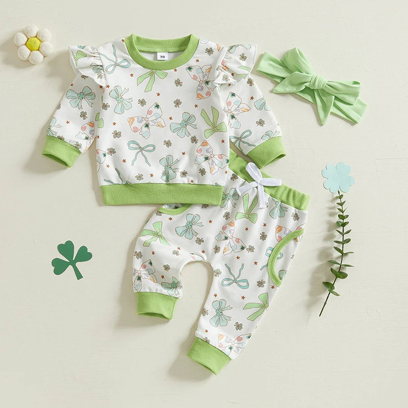 St Patrick's Day Baby Girl Outfit Set Shamrock Print 3Pcs
