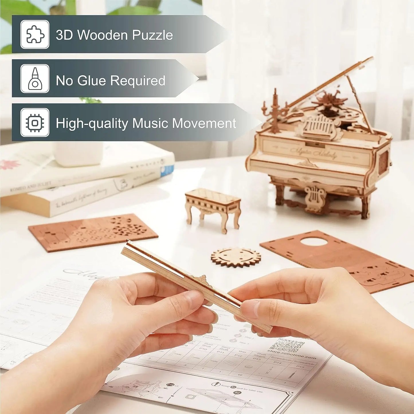 Robotime Magic Piano Mechanical 3D Puzzle Wood Music Box Kit