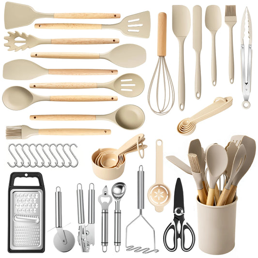 Silicone Wooden Handle 44 Piece Non Stick Kitchen Utensil Set