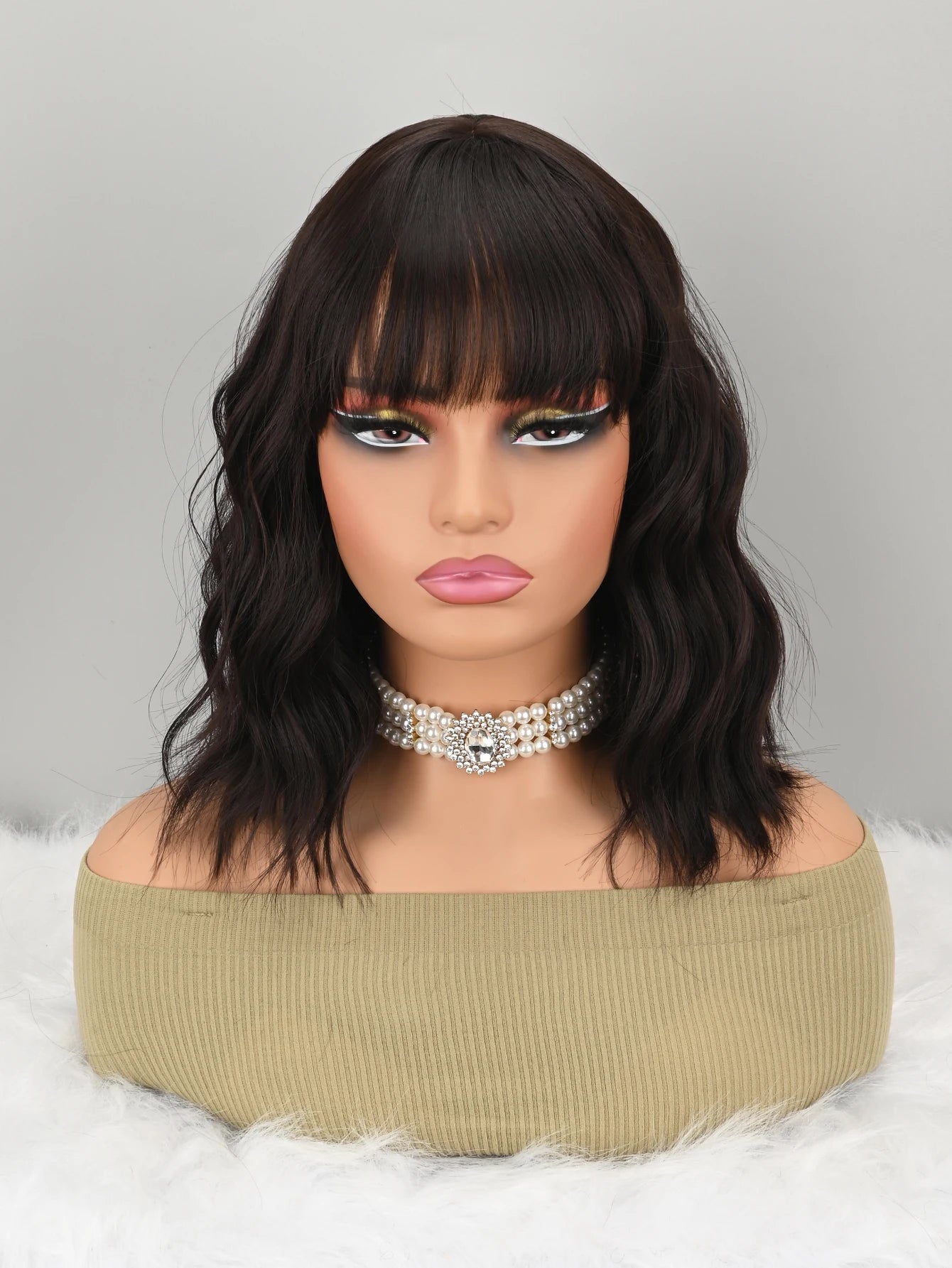 Synthetic Curly Wavy Bob Wig With Bangs For Women Everyday