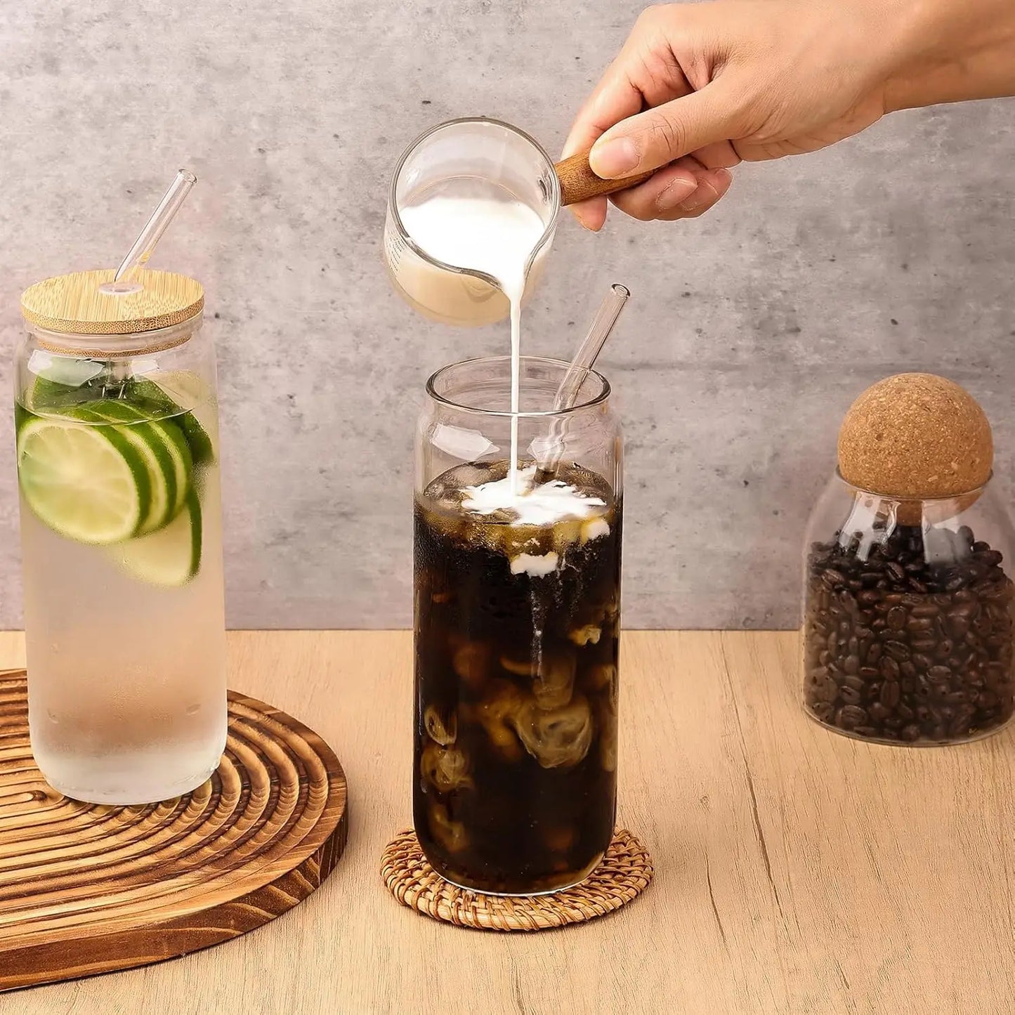 NONEDrinkware 4-Piece Glass Drinking Set With Bamboo Lids And Straws