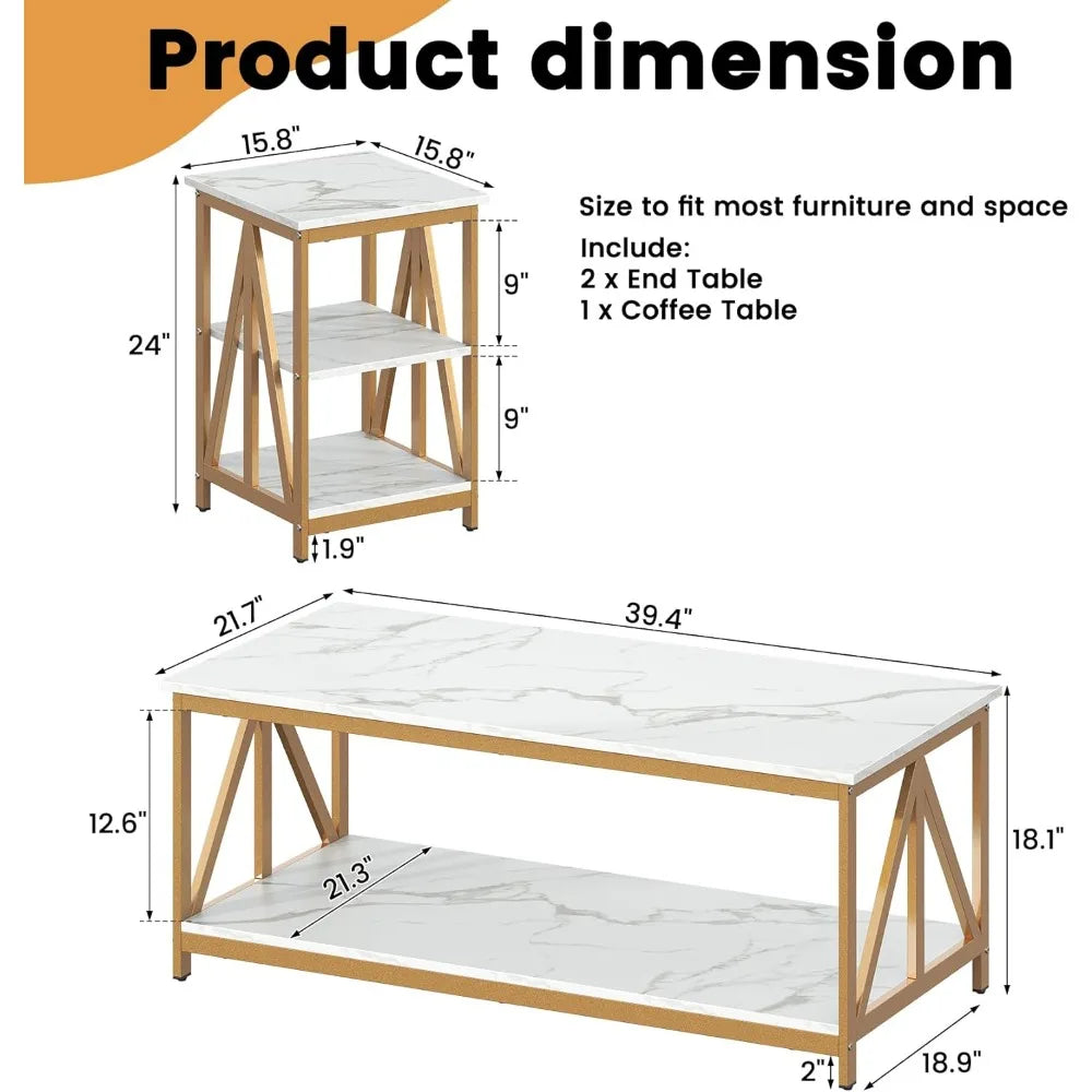Industrial Style Triangular Coffee Table Set With 2 Side Tables