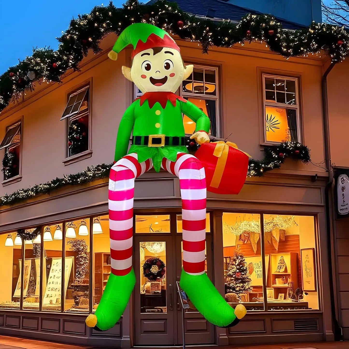 Christmas Inflatable Sitting Elf With LED Lights For Indoor Decoration