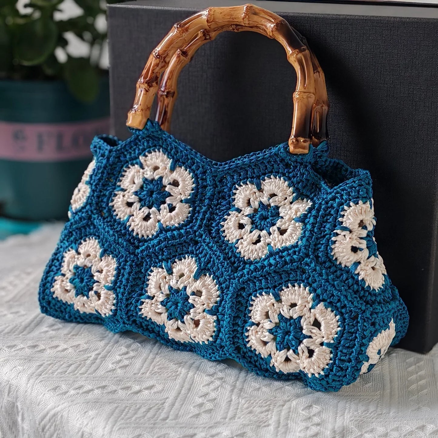 Handmade Crochet Granny Square Tote Bag With Bamboo Handle For Women
