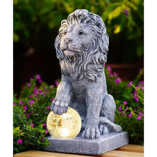 Guardian Lion Garden Statue Outdoor Decor Sculpture With Ball Lights For Yard