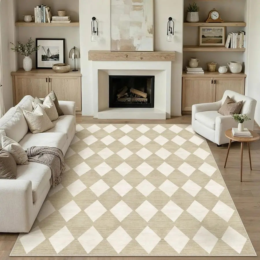 Checkered Modern Wool Area Rug For Living Room Non Slip