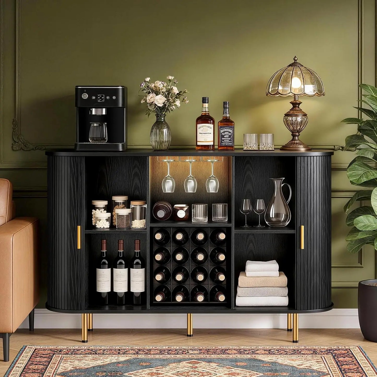 Fluted Wine Bar Cabinet With Storage And Wine Rack