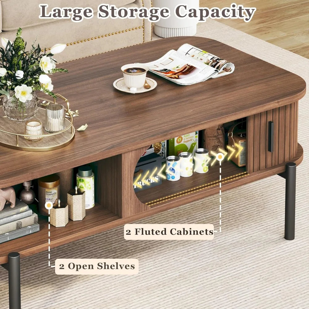 Coffee Table, 39.4" Mid Century Modern Coffee Tables for Living Room, Coffee Table with Storage Open Shelf, Fluted Table