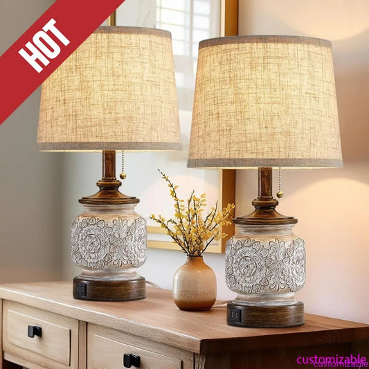 Farmhouse Bedside Table Lamps Set Of 2 With USB Ports