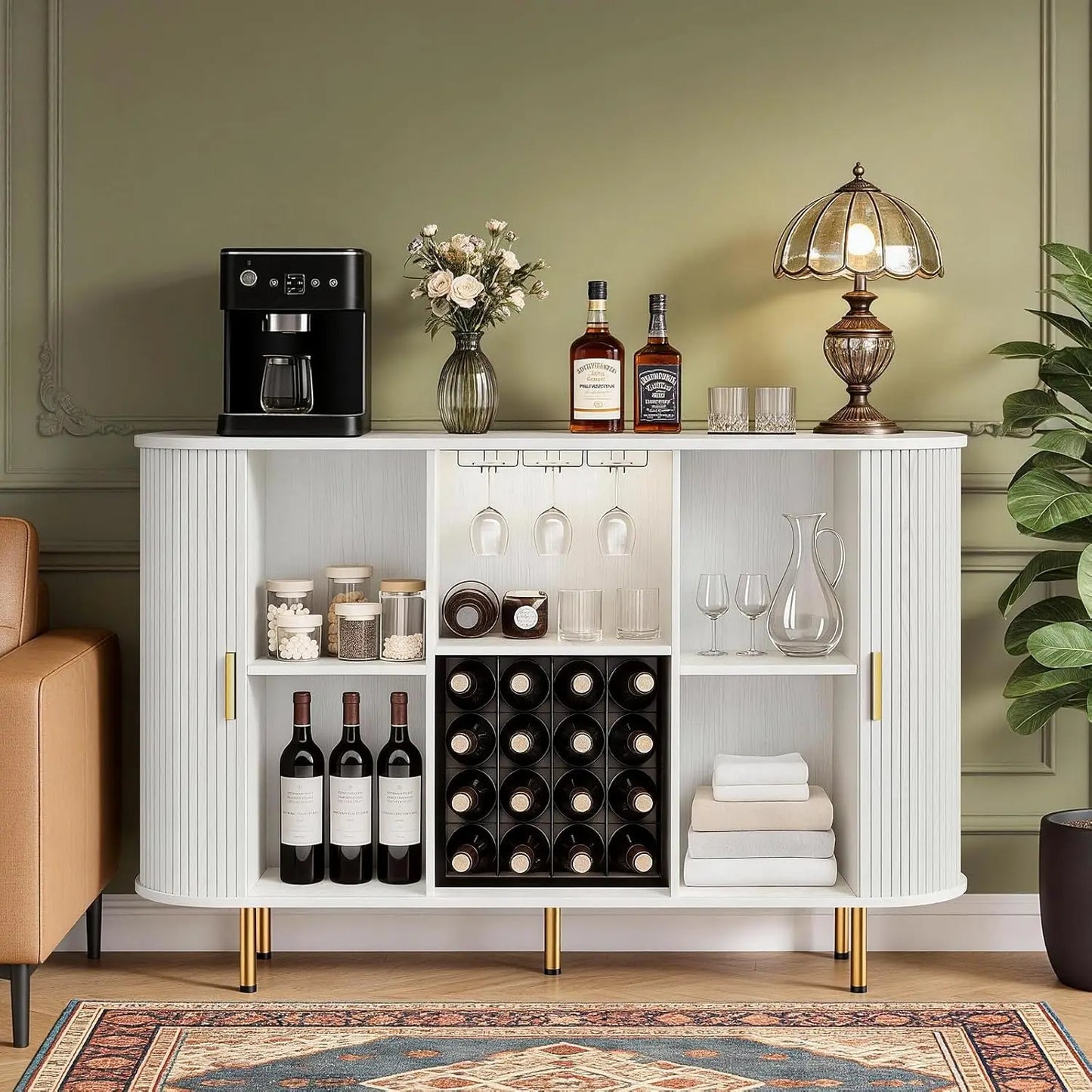 Fluted Wine Bar Cabinet With Storage And Wine Rack