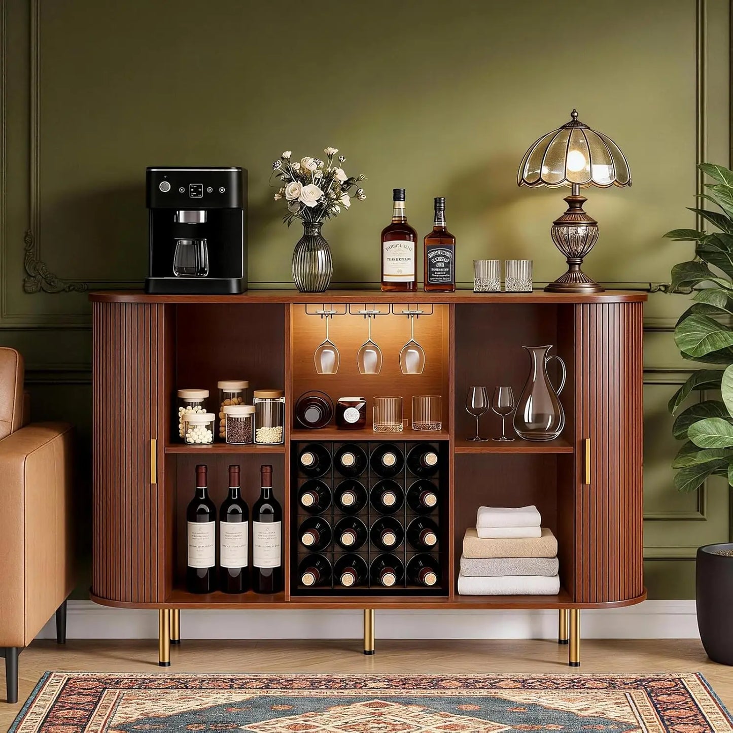 Fluted Wine Bar Cabinet With Storage And Wine Rack