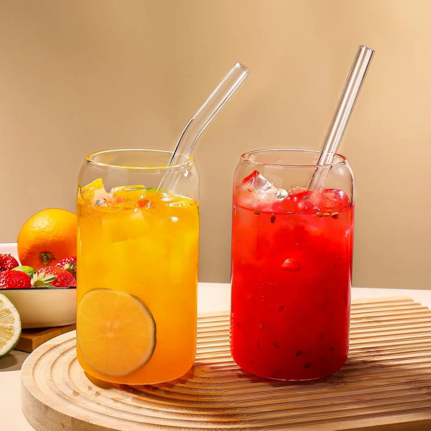 NONEDrinkware 4-Piece Glass Drinking Set With Bamboo Lids And Straws