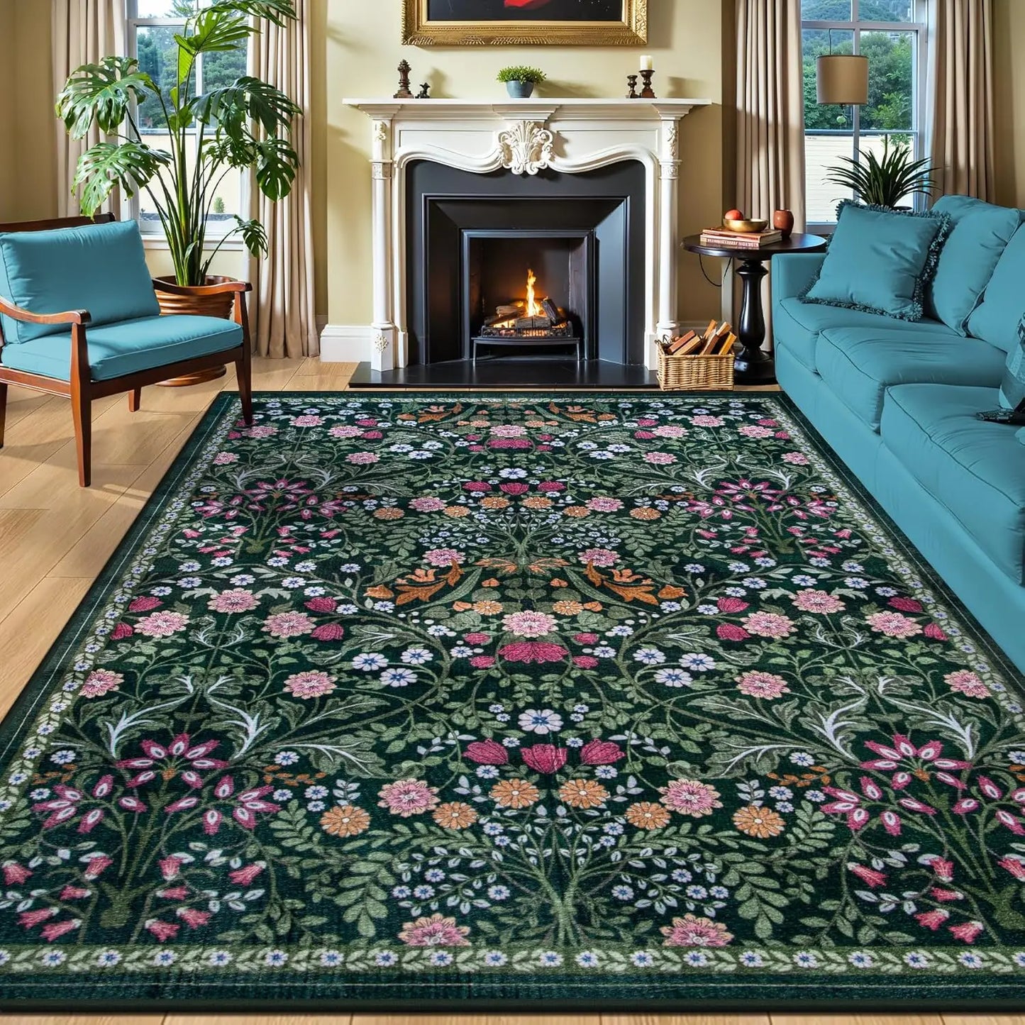 Floral Washable Rug Non Slip Carpet Polyester For Living Room