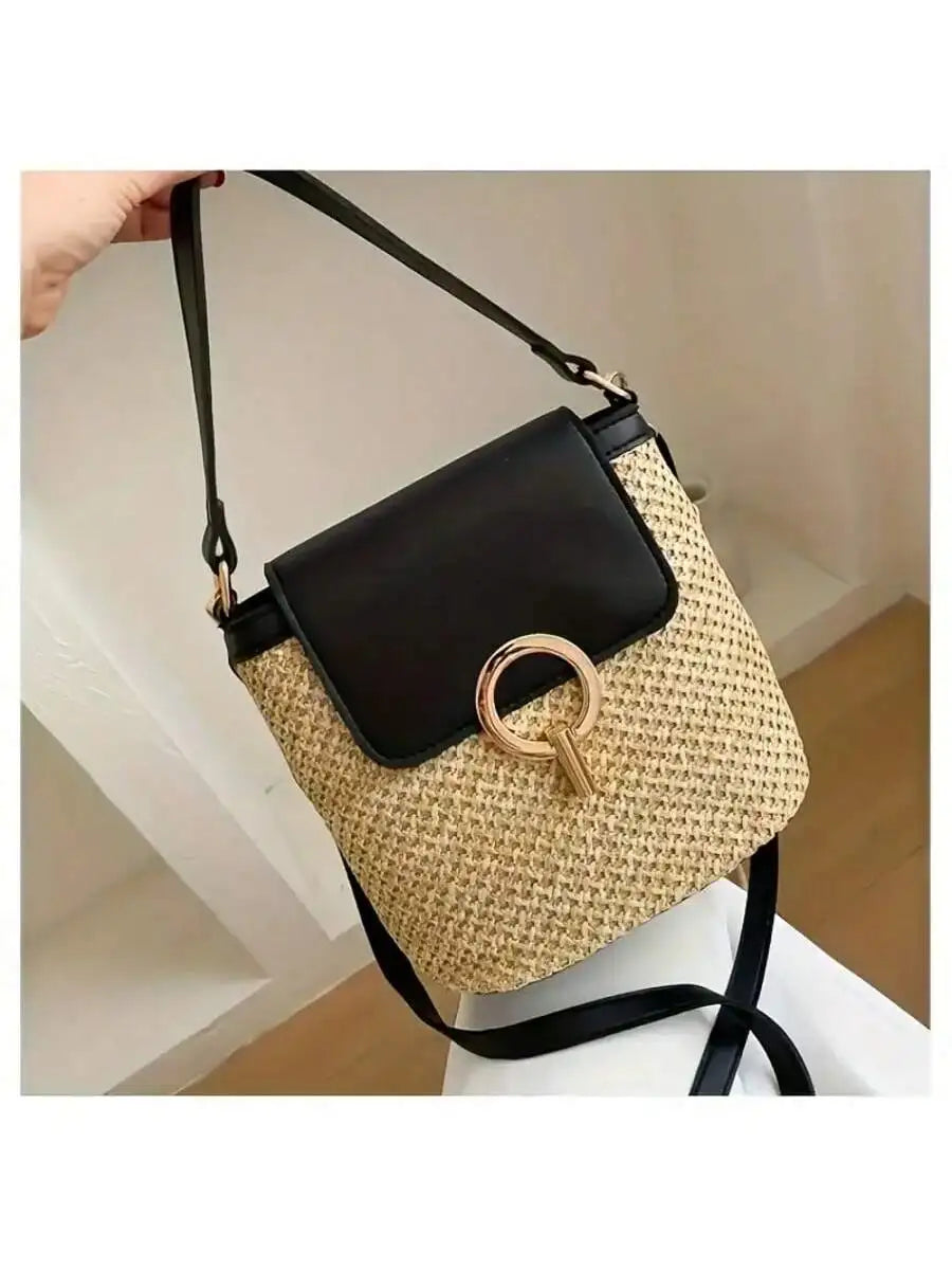 Woven Beach Crossbody Bag With Adjustable Strap And Gold Lock