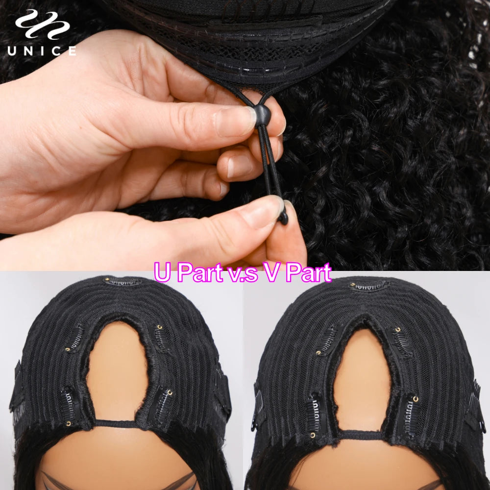 Unice Kinky Straight Remy V U Part Wig Drawstring Cap