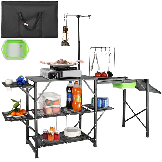 SucceBuy Camping Kitchen Table With Sink Portable Outdoor Cook Station