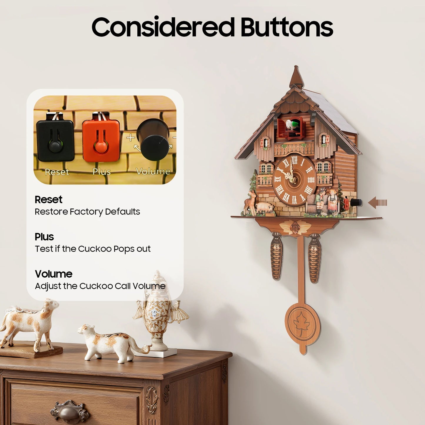 German Style Cuckoo Clock Bird Chime Battery Operated Wall Mount