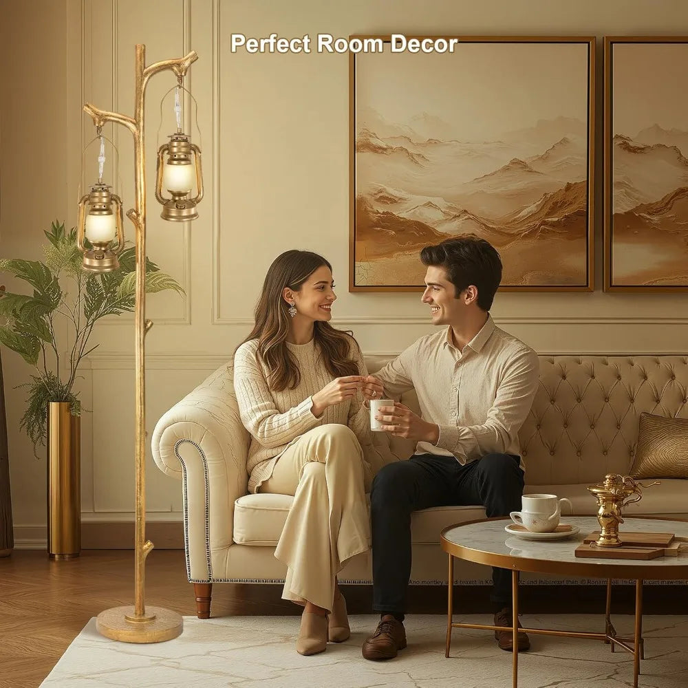 Tree Trunk Style Floor Lamp With Dimmable Resin Lanterns