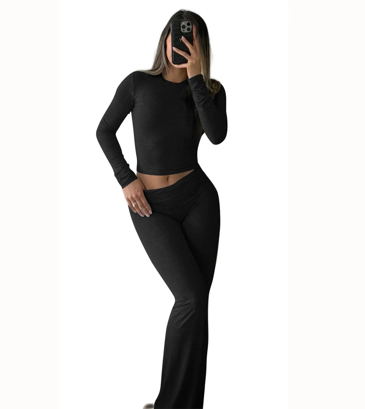 Womens Yoga Two-Piece Long-Sleeve Wide-Leg Activewear Set For Home