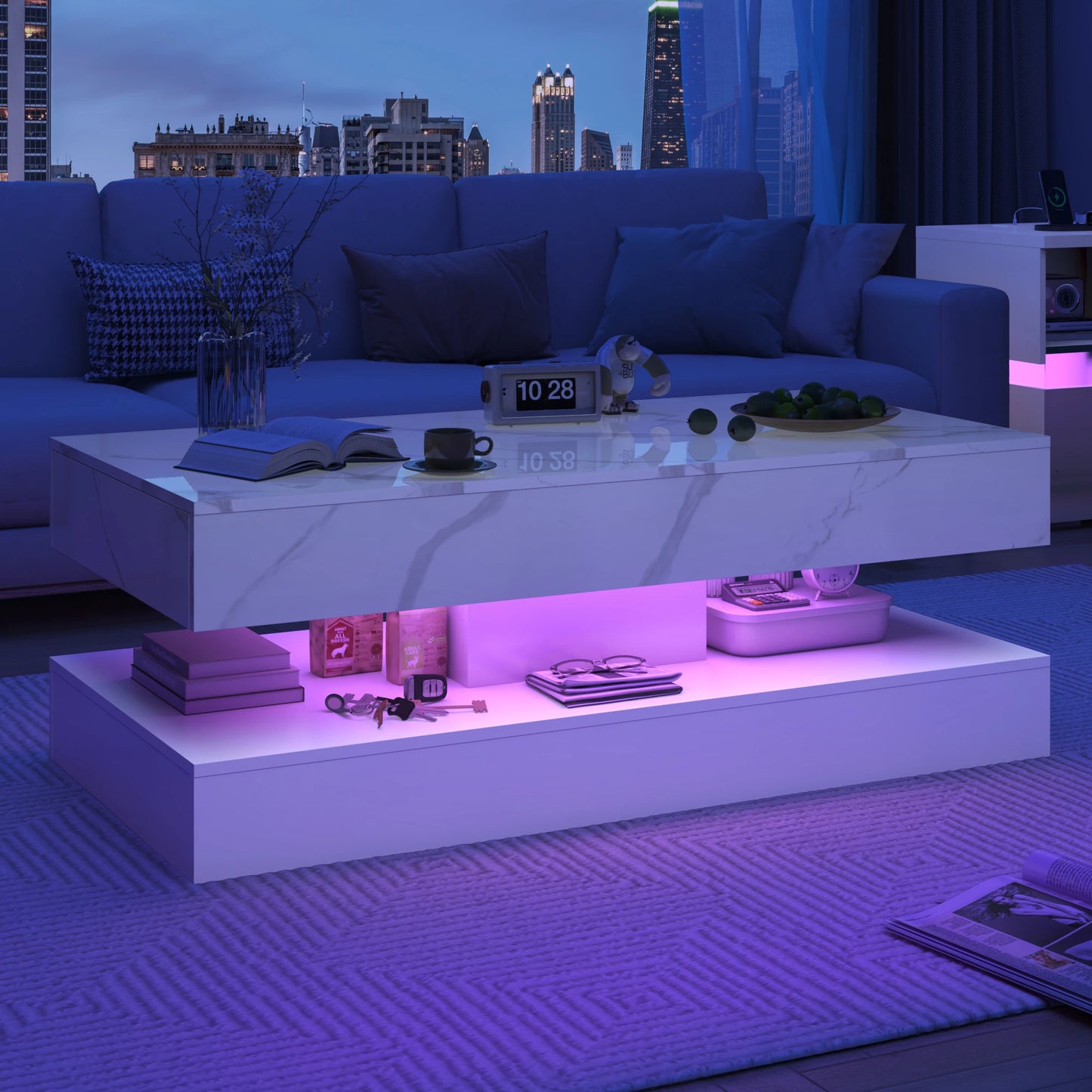 QiaoShiRen Modern Coffee Table With LED Lights And Storage Drawers