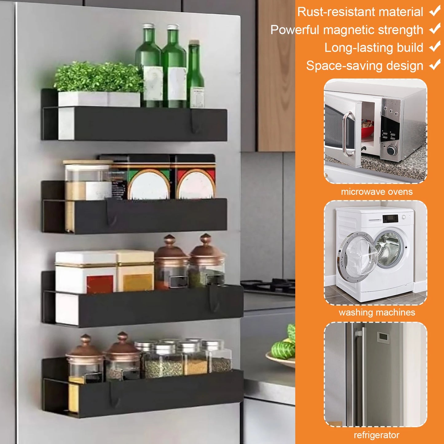 4 Pack Metal Magnetic Spice Storage Rack Kicthen Fridge Organizer Spice Jars Rack for Refrigerator Home Kitchen Bathroom Shelves