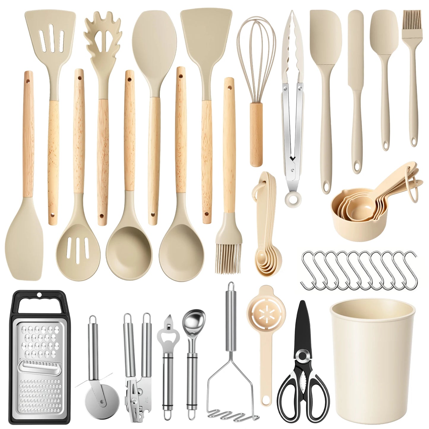 Silicone Wooden Handle 44 Piece Non Stick Kitchen Utensil Set