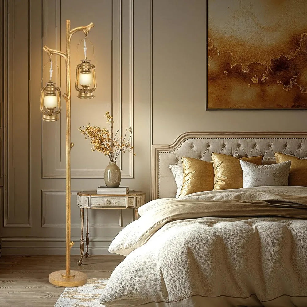Tree Trunk Style Floor Lamp With Dimmable Resin Lanterns