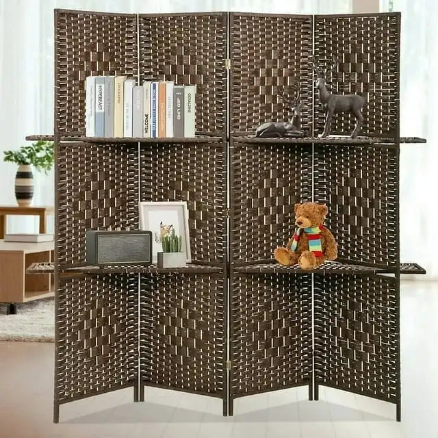 Wooden Room Divider 4 Panels Folding Screen With Shelves