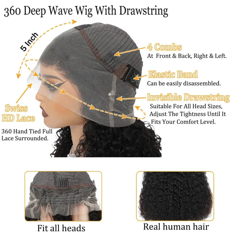 FroloCap Deep Wave 360 HD Lace Front Wig Brazilian Hair