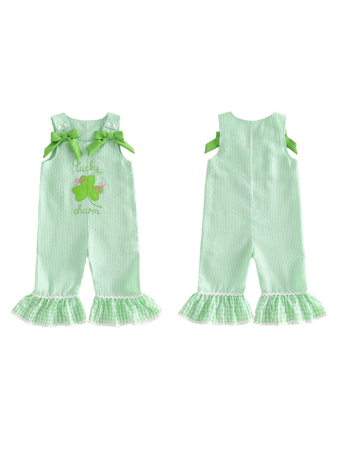 Girls St Patrick's Day Sleeveless Overall Jumpsuit With Clover Embroidery