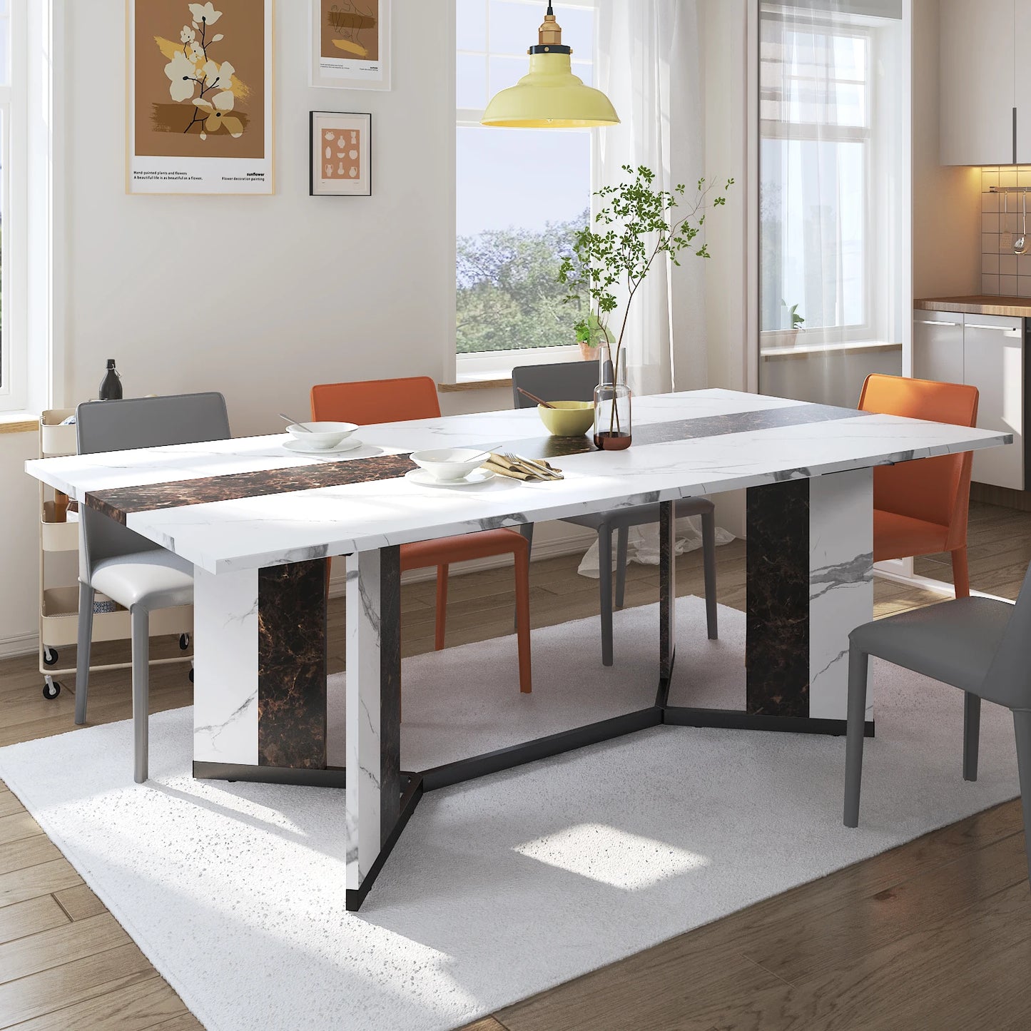 QiaoShiRen Modern Rectangular Dining Table Wooden Top Metal Legs