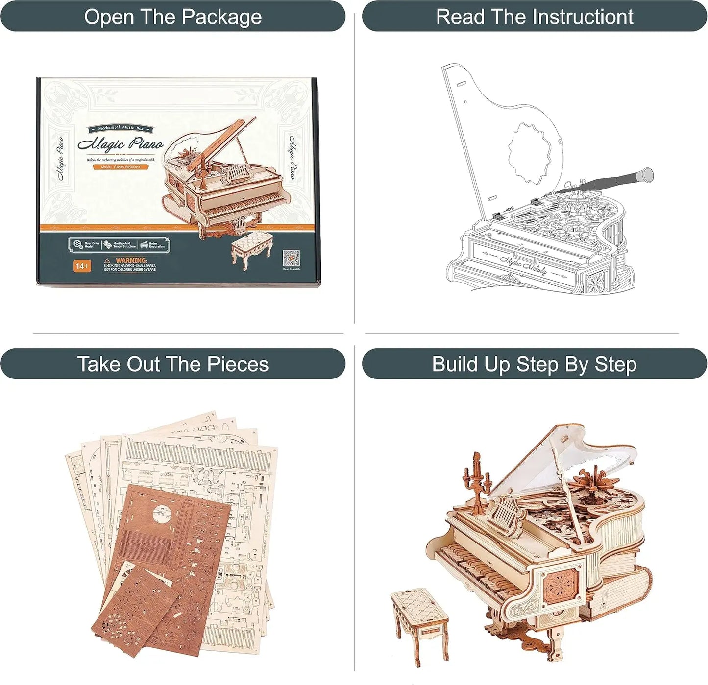 Robotime Magic Piano Mechanical 3D Puzzle Wood Music Box Kit