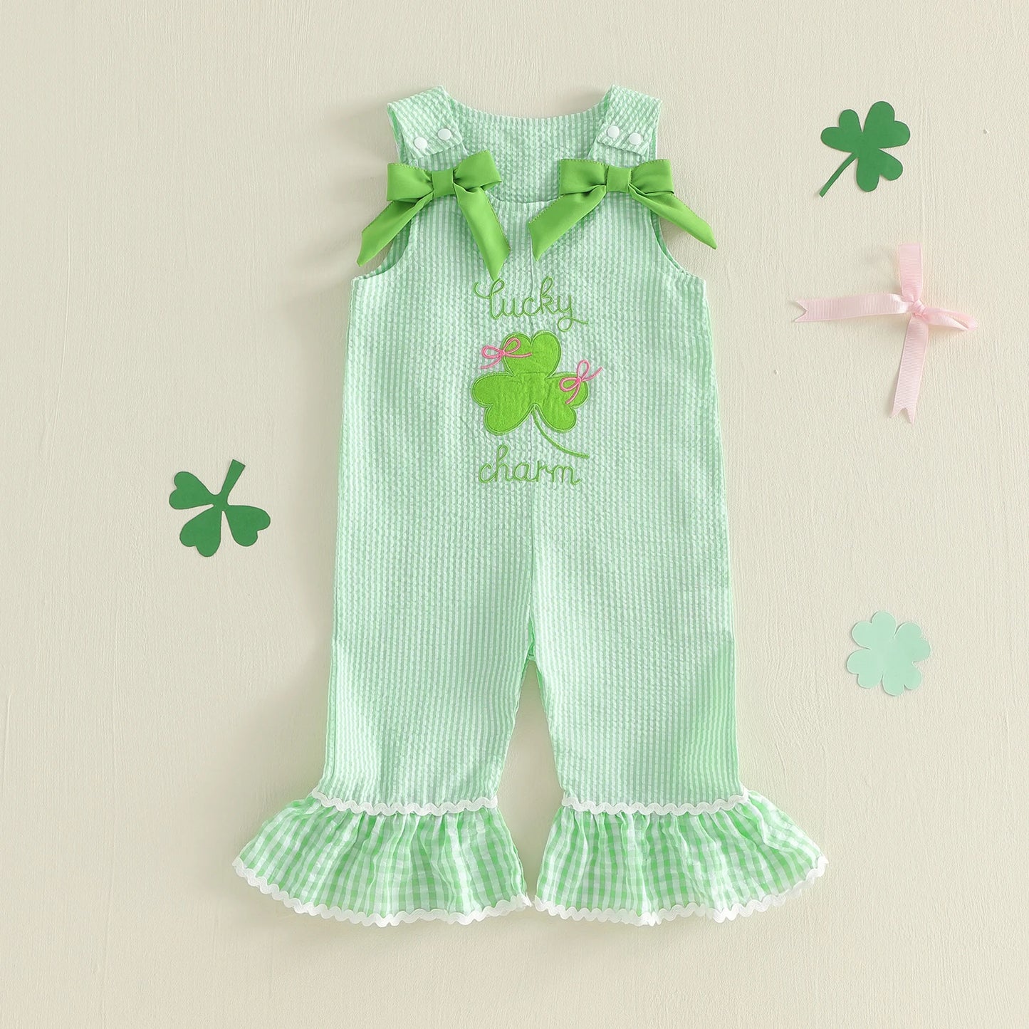 Girls St Patrick's Day Sleeveless Overall Jumpsuit With Clover Embroidery