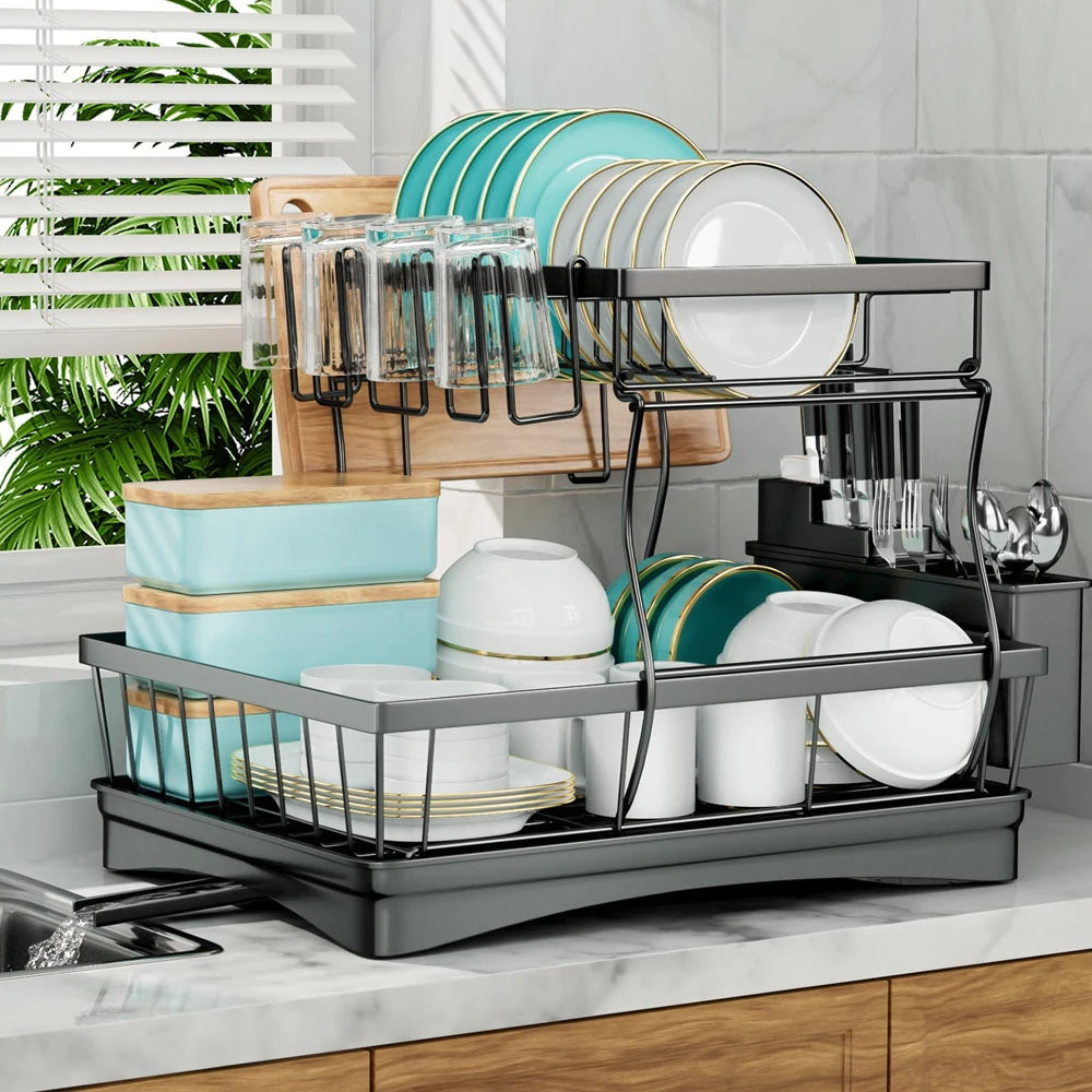 Two Tier Dish Drying Rack For Kitchen Countertops Removable Large Capacity