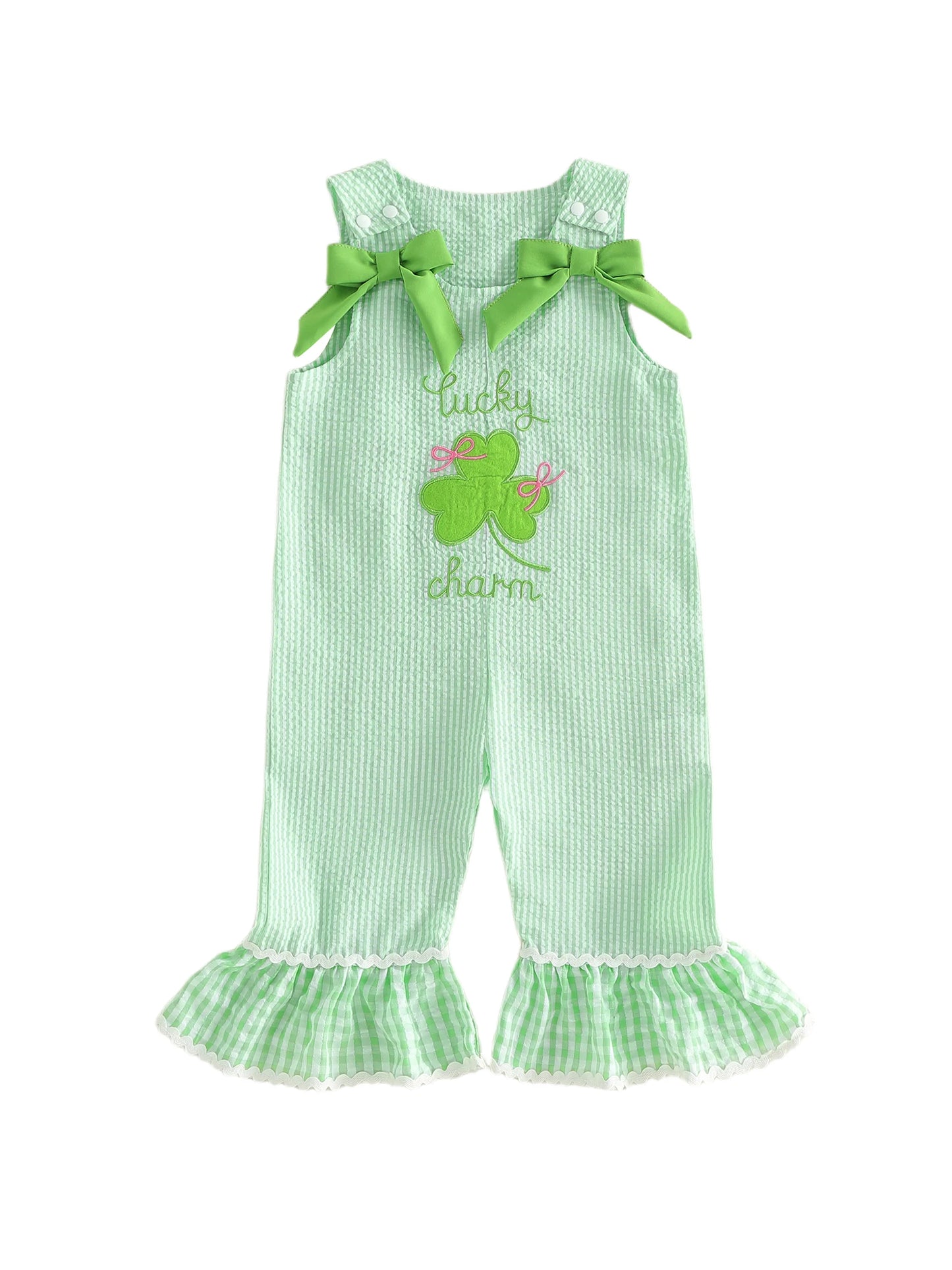 Girls St Patrick's Day Sleeveless Overall Jumpsuit With Clover Embroidery