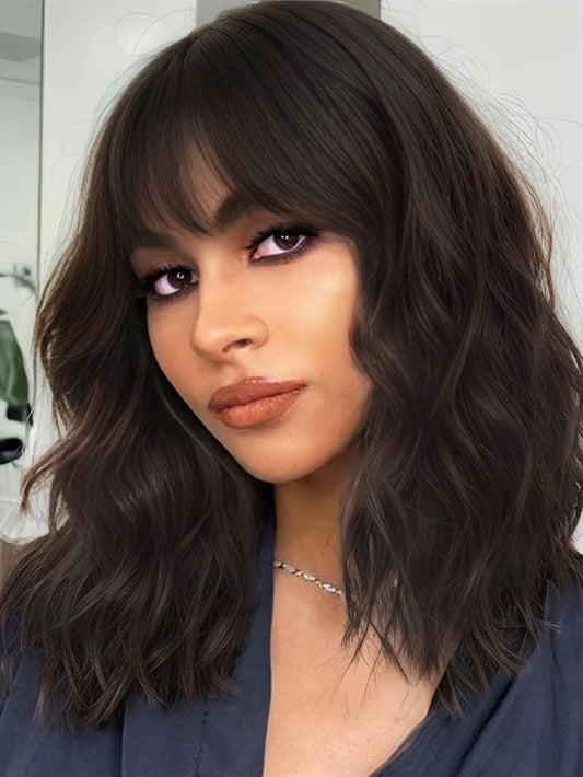 Synthetic Curly Wavy Bob Wig With Bangs For Women Everyday