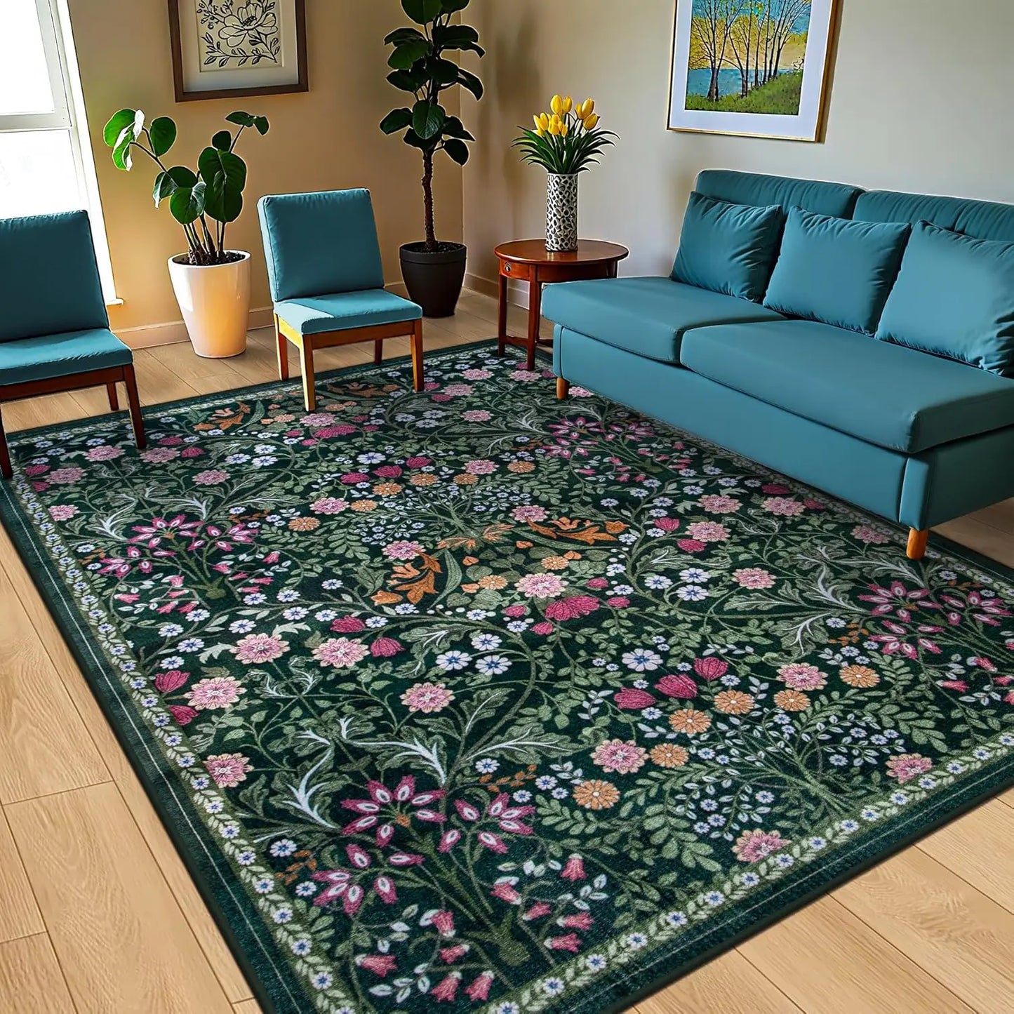 Floral Washable Rug Non Slip Carpet Polyester For Living Room