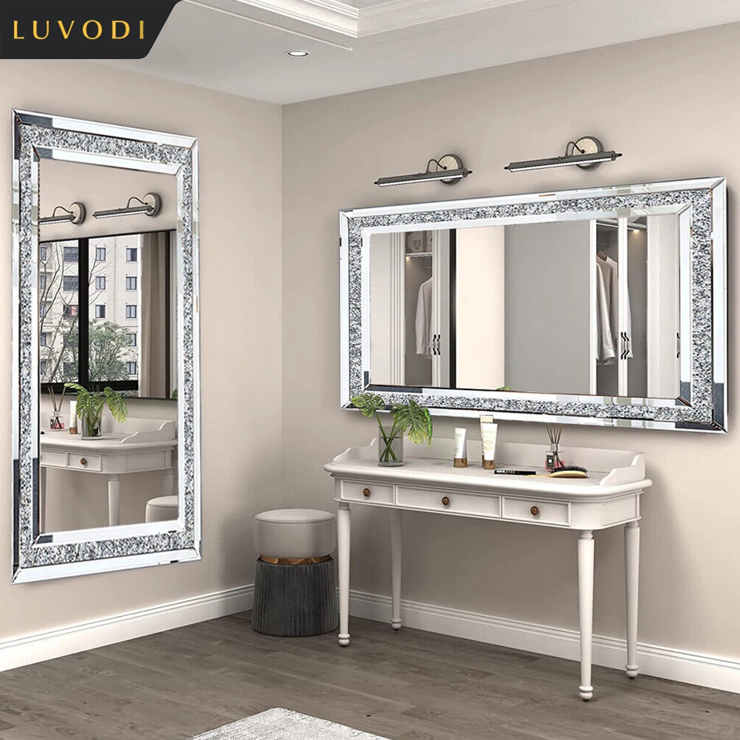 LUVODI Crystal Rhinestone Frameless Vanity Mirror Wall Mounted