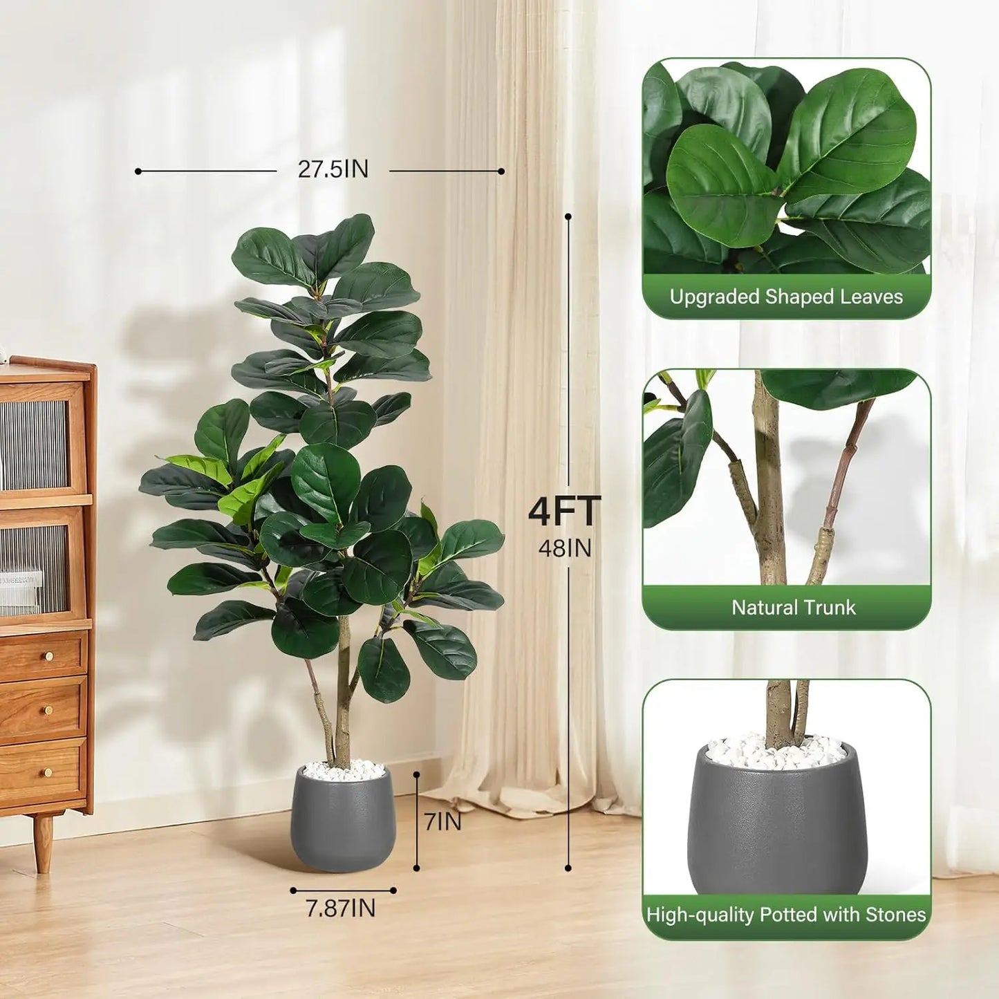 HiMIS Fiddle Leaf Fig Tree Artificial Lyrata Planter Pot