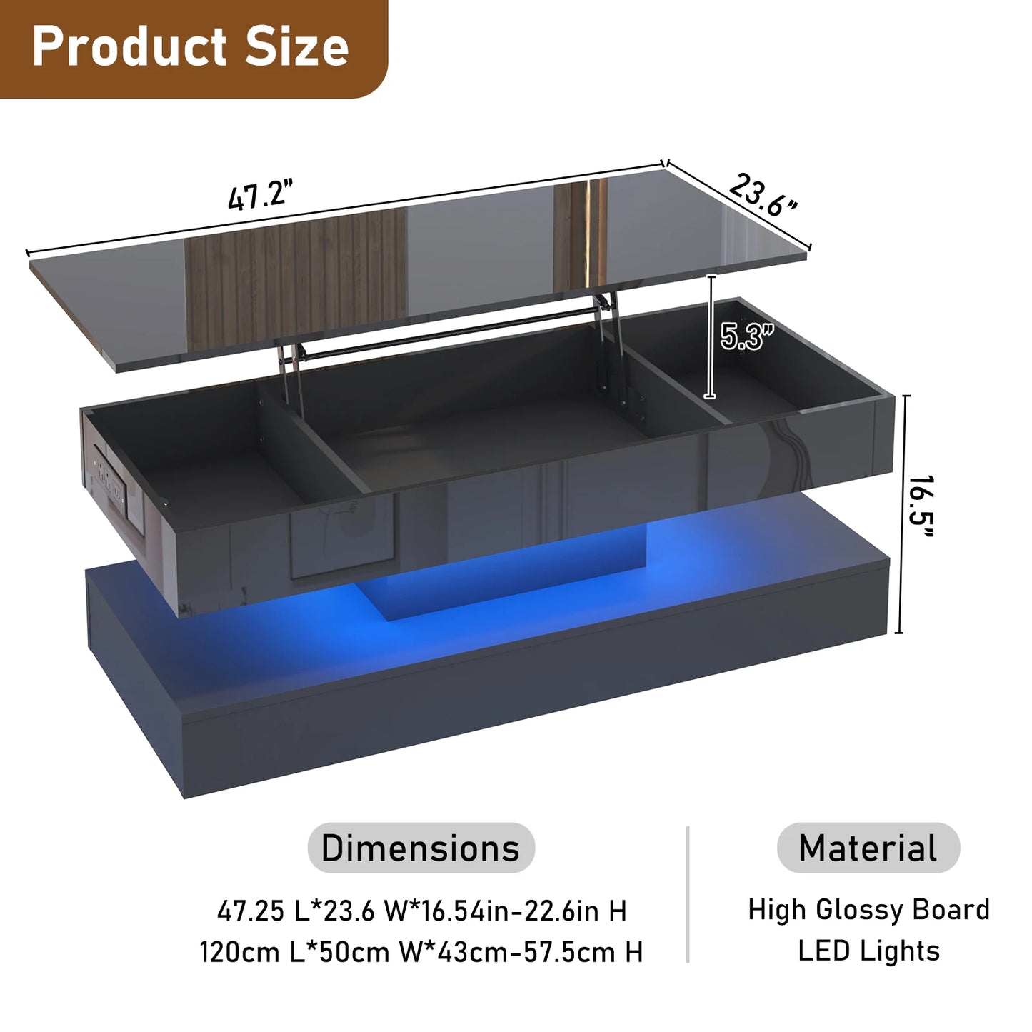 QiaoShiRen LED Coffee Table With Open Shelf And Large Storage