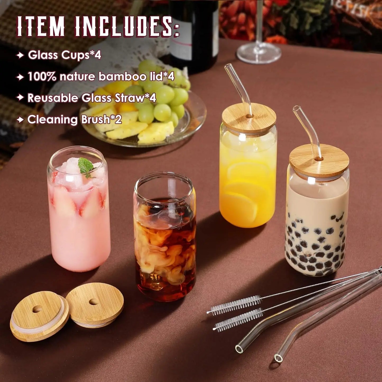 NONEDrinkware 4-Piece Glass Drinking Set With Bamboo Lids And Straws