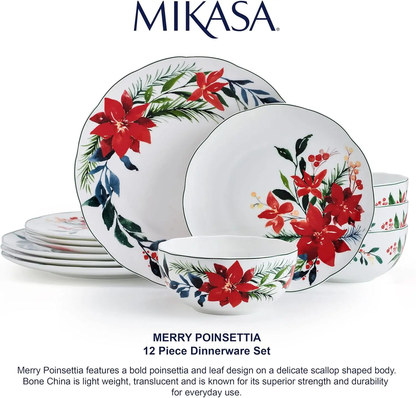 Merry Poinsettia Bone China Dinnerware Set Service for 4
