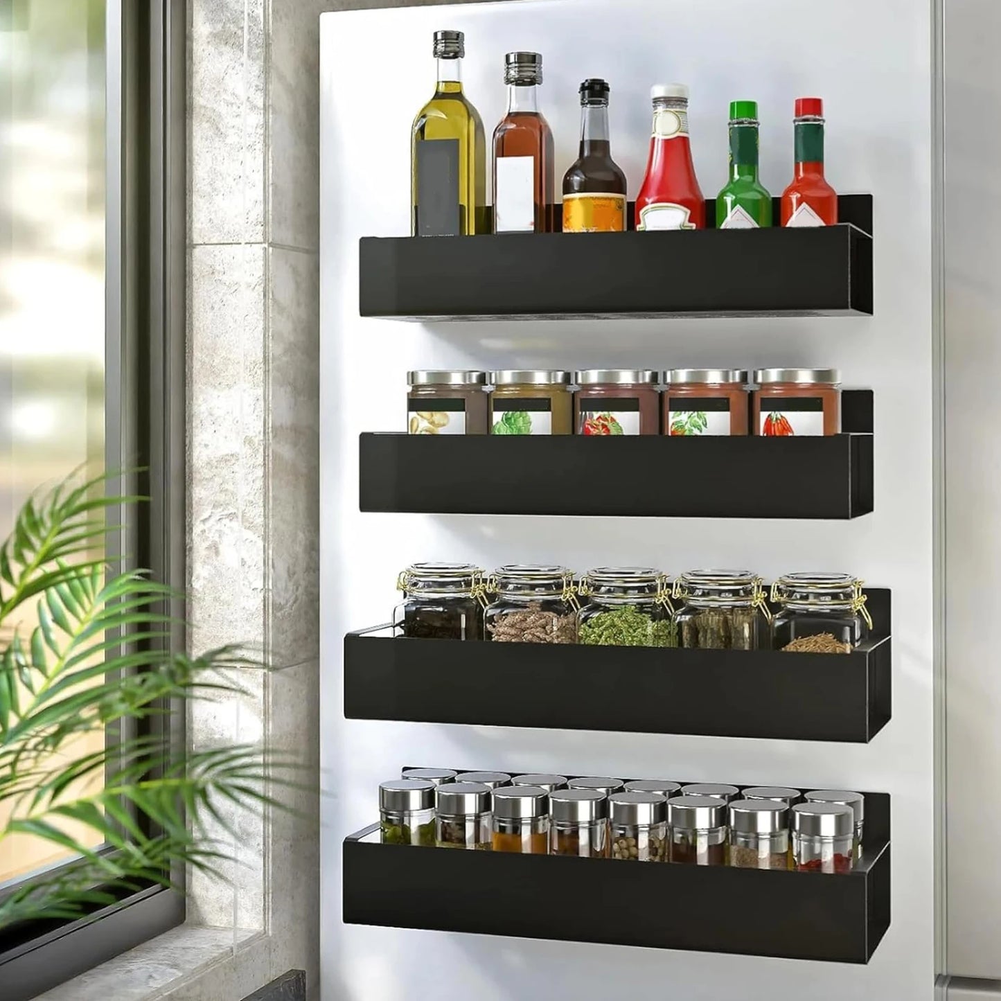 4 Pack Metal Magnetic Spice Storage Rack Kicthen Fridge Organizer Spice Jars Rack for Refrigerator Home Kitchen Bathroom Shelves