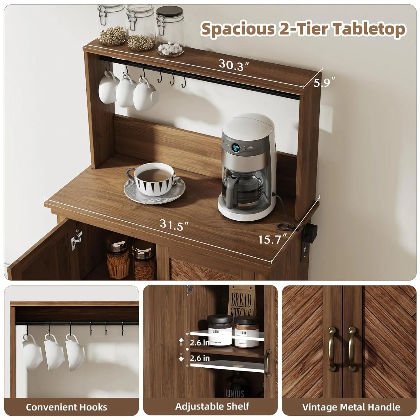 Farmhouse Coffee Bar Cabinet With Storage And Charging Station